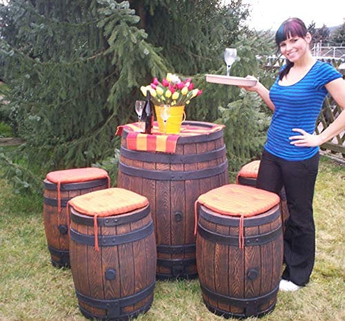 EICHENFÄSSER SITZGARNITUR, REGENFASS Wasserfass REGENWASSERTONNE Wassertonne - FROSTSICHERES Gartenfass für Regenwasser u.v.m. in Holz-Optik aus robustem PE-Kunststoff MIT Deckel