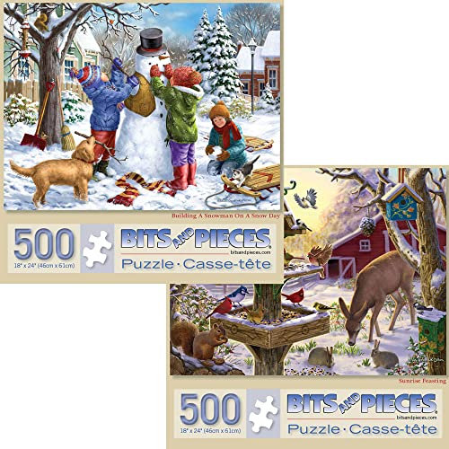 Bits and Pieces - Value Set of Two (2) 500 Piece Jigsaw Puzzles for Adults - Each Puzzle Measures 46cm x 61cm- Winter Build Snowman, Sunrise Feast Jigsaws by Artist Liz Goodrick Dillon