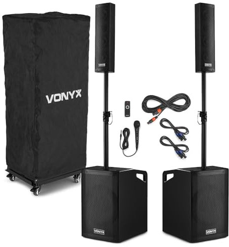 Vonyx VX1050BT Active Column Line Array Speaker System with Bluetooth, Portable 1150W Powered PA Speaker Set with Subwoofers & Trolley for Portability, Ideal for DJs & Events