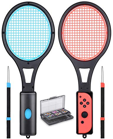 Mario Tennis Racket - Tendak Tennis Racket for Nintendo Switch Joy-Con Controllers Mario Tennis Aces Game Accessories with 12 in 1 Game Card Case ( Blue and Red)