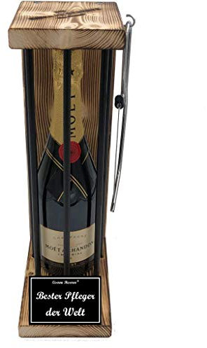 Moet Pfleger Geschenke für Männer und Frauen Eiserne Reserve Black Edition incl. Notsäge Text s/w Bester Pfleger der Welt Champagner (1 x 0.75 l)