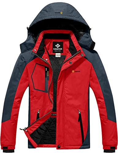 GEMYSE Herren wasserdichte Skijacke Winddichte Fleece Outdoor-Winterjacke mit Kapuze (Rotgrau,XL)
