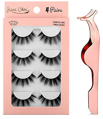 Jane Choi 3D Falsche Wimpern Wiederverwendbare lange, dicke zur Verlängerung der Make-up-, 4 Paar handgefertigte dramatische falsche mit Wimpernclip (G107)