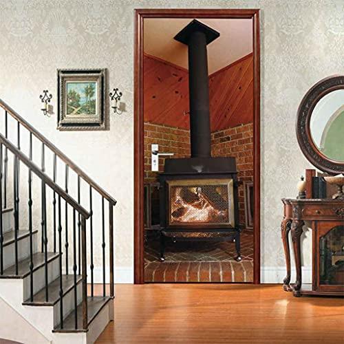 CBWRAW 3D Türaufkleber 77x200cm Kaminfeuer Im Wohnzimmer Türfolie Poster Tapete Aufkleber Wasserdichte Abnehmbare Selbstklebend Vinyl Fototapete Für Innentür Wohnzimmer Kind Schlafzimmer Badezimmer