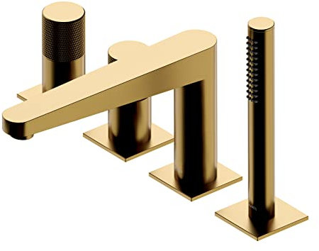 Set Badewannenarmatur Wanne Handbrause Armatur Wannenrand 4 Loch CONTOUR gold gebürstet