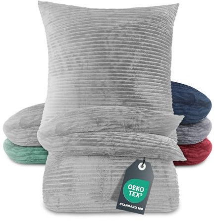 BaSaTex Winter Plüsch Bettwäsche Set | 200x200 cm Deckenbezug + 2X 80x80 cm Kissenbezug | Cashmere-Touch Coral Fleece,Rip-Cord“ | Reißverschluss | Grau