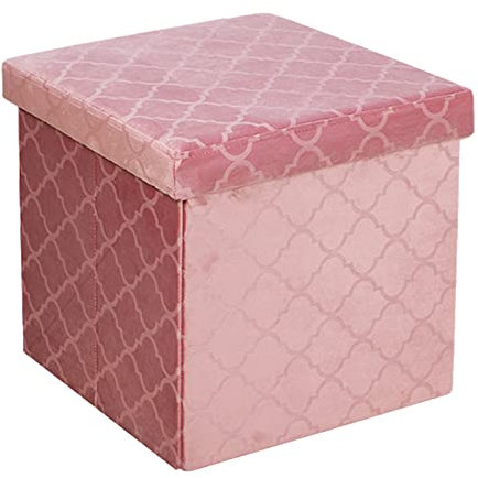 Folding Storage Ottoman Velvet Lattice Storage Box Pressed Velvet Seat Stool Chair Footstool Pouffe Bench (38cm x 38cm, Blush Pink)