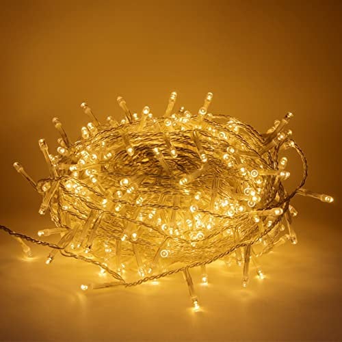 Luccika serie stringa luminosa di luci da 25 Metri con 500 Led Bianco Caldo per albero di Natale da Esterno ed Interno controller 31V con 8 giochi di luce e Memoria cavo trasparente