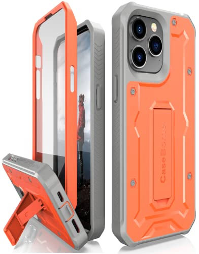CaseBorne Kompatibel mit iPhone 14 Pro Max Hülle, Robustes Zweischicht-Ganzkörper-Ständergehäuse mit Bildschirmschutz - Orange