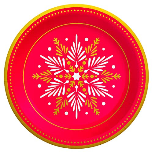 Lot de 8 assiettes jetables biodégradables en carton 18 cm de diamètre pour Noël et Nouvel An Rouge avec motifs blancs et or