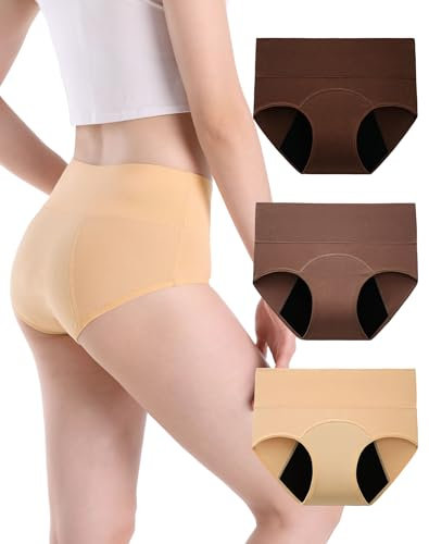 INNERSY Bragas Menstruales Cintura Alta Braguitas Incontinencia Mujer Flujo Medio Pack de 3 (M, Beige+Marrón+Café)
