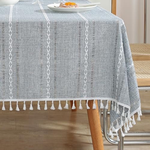 meioro Böhmische Tischdecke für Küche Dekoration, 140x200cm Makramee Tischtuch mit Quasten, Rechteckige Leinen Tischwäsche, Gestreifte Tafeldecke Mesh Tischdecken für Esstisch Tabletop Dekor (Grau)