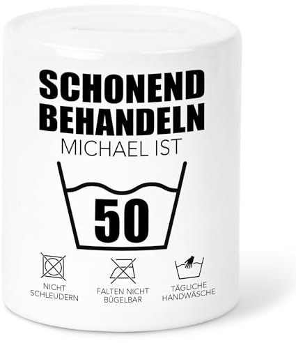 Geldgeschenk 50. Geburtstag Spardose Schonend Behandeln personalisierte Geldverpackung Verpackung Geld Geschenk für Mann & Frau Sparschwein aus Keramik