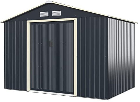 GOPLUS Metall Gerätehaus 5,29 m², 277 x 191 x 202 cm Gerätehaus, Geräteschuppen mit Schiebetür, Satteldach, Lüftungsfenster, Gartenhaus für Garten Terrasse Balkon
