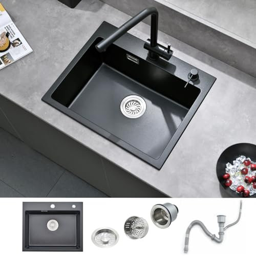 Bokaiya Fregadero Cocina Negro 50 X 45 cm, Fregadero Cocina 1 Seno, Fregadero Cocina Granito Con Rebosadero, 2 Orificios Para Grifo Y Sifón, Adecuado Para Estaciones de Cocina