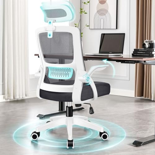 ELFORDSON Home Office Chair with Flip-up Armrests Headrest, Ergonomic Desk Chairs Swivel with Built-in Lumbar Support, Computer Gaming Mesh Chair, White Black