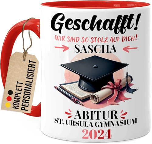 Tassenliebling® Abitur Tasse personalisiert Rot - Wir sind stolz auf dich! - Abschluss Geschenk zum Abi Bachelor Master - Bestandene Prüfung Geschenk zum Schulabschluss Gymnasium