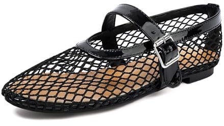 Women Mesh Ballet Flats Shoes,Cute Round Toe Fishnet Buckle Strap Mary Jane Shoes,Fashion Comfy Casual Daily Dress Ballerina Shoes,Black,8 UK