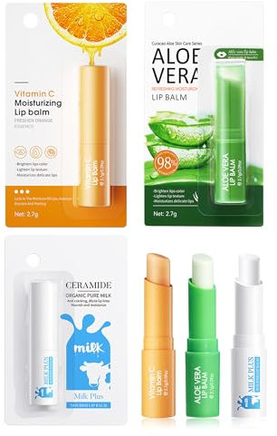 Lippenbalsam-3 Stück Lip Balm mit Aloe Vera, Vitamin C und Milch, Langanhaltende Feuchtigkeitsspendende Lippenpflege für Trockene Rissige Lippen, Moisturizing & Nourishing Pflegender Lippenstift Set