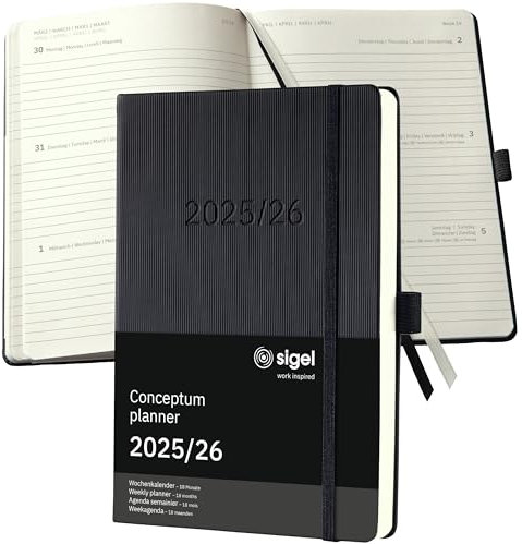 SIGEL C2601 Wochenplaner Wochenkalender 2025/2026, ca. A5, schwarz, Hardcover, Gummiband, Stiftschlaufe, Archivtasche, aus nachhaltigem Papier, 18-Monatskalender, Kalenderbuch Conceptum