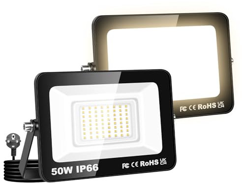 Willpower 2PCS Projecteurs LED Extérieur Avec Prise, Spot LED 50W 5000LM, 3500K Blanc Chaud, IP66 Etanche Eclairage Lumière de Sécurité pour Jardin Patio Garage Terrasse Maison