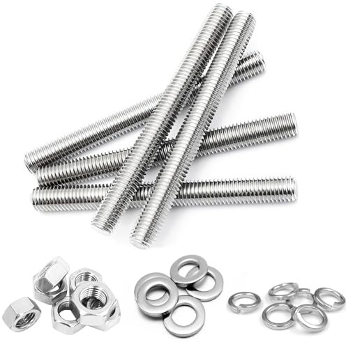 Juego de 10 varillas roscadas, M8 x 100 mm, galvanizadas con 20 discos en U y 20 tuercas hexagonales A2, 20 anillos de resorte para montaje y fabricación industrial