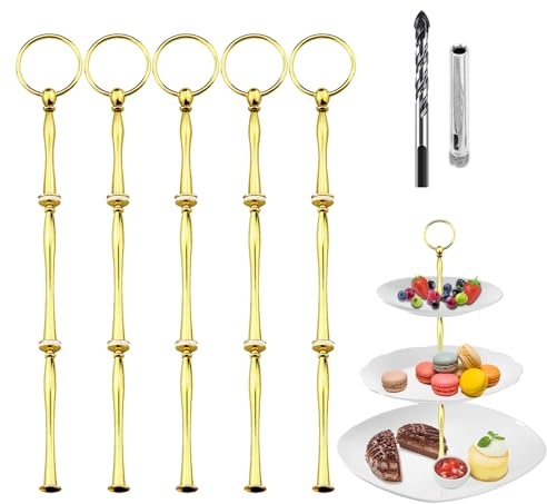 Trsnzul Etageren Stangen Set, Gold Bausatz Etagen Etageren Stäbe Etagere Bausatz Stange Metallstangen für Etagere für Torte Cupcakes Macarons Donut Muffin und Obst (mit Bohrer, Runden, Gold, 5 Pack)