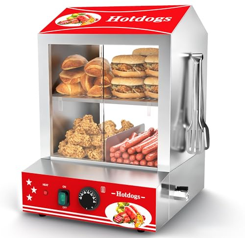 ZMRTDWO Hot Dog Steamer, 28.5QT 2-Tier Commercial Hot Dog Machine with Bun Warmer, 86°F~185°F Adjustable, 175 Hot Dogs & 40 Buns, Stainless Steel Hot Dog Bun Warmer with Tempered Glass Slide Doors