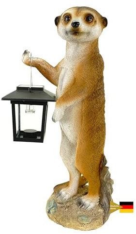 Kremers Schatzkiste Erdmännchen Eddy Gartenfigur mit LED Solarlaterne Wetterfest Handbemalte Polyresin-Deko 38 cm Dämmerungssensor Kaltweißes LED-Licht Perfekt für Garten Terrasse oder Geschenkidee