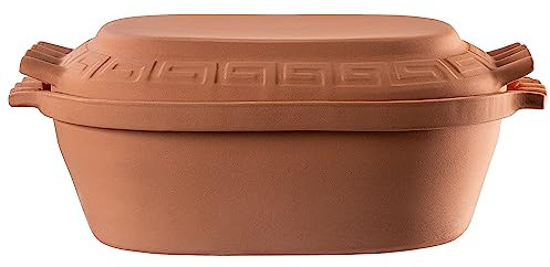 KADAX Cocotte ovale en terre cuite, casserole en céramique avec couvercle et poignées latérales, cuiseur vapeur en matériaux naturels, plat à gratin pour une cuisson sans graisse, marmite (6 l)