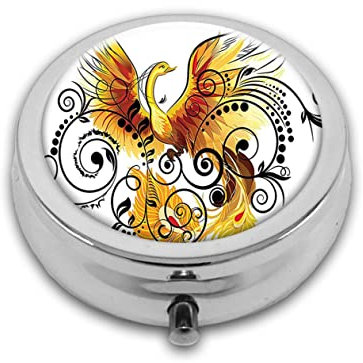 Hort Plüschtier Mystic Bird Phoenix Floral Efeu Blätter Runde Box, Kompaktes Fach Medikamentenetui, für Tasche, Geldbörse, Tragbare Medizin Tablette Vitaminhalter Reise
