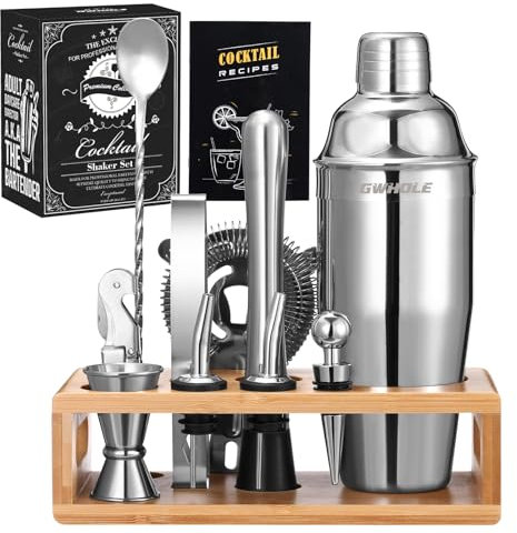 GWHOLE Shaker Cocktail Kit Shaker Cocktail INOX, Kit Cocktail Complet Professionnel, Kit Mojito Shaker INOX, Kit Shaker à Cocktail en Acier Inoxydable avec Accessoires, Support Bois, Recette