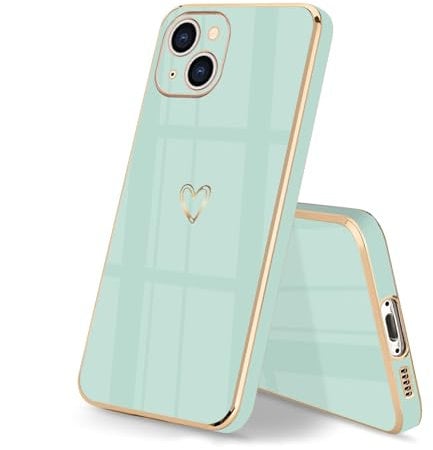 HopMore Phone Case for iPhone 15 Case Silicone for Girls Women, Soft Flexible TPU Case with Hearts Pattern Design Shell Slim Thin Shockproof Protective Cover for iPhone 15, Mint Green