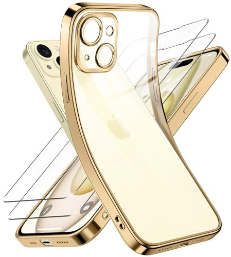 Qasyfanc Kameraschutzhülle Kompatibel für iPhone 15 Hülle mit 2 Stück Schutzfolie, iPhone 15 Case Vergilbungsfrei Dünne Weiche Silikon Handyhülle für Frauen Mädchen, Gold