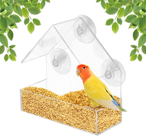 WUBAYI Clear Acrylic Bird Feeder - House Shape Design with 4 Suction Cups for Window, Garden, Outdoor, Backyard, Little Birds