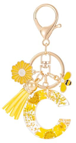 MWOOT Letter Keychain Initiale Schlüsselanhänger Buchstabe C,Alphabet Harz Blume Key Chain mit Gänseblümchen Biene Quaste Anhänger Handtasche Geldbörse Charm,Gelb Blütenblatt Keyring für Frauen(C)