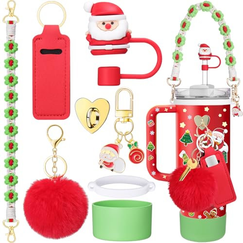 Mity rain 8PCS Cup Accessories for Stanley Cup 30oz 40oz Tumbler with Handle, Including Water Bottle Handle Strap, Chapstick Holder, Boot, Keychain Charms, Straw Topper Cover Cap for Stanley (Red)
