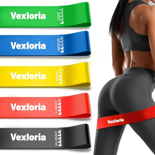 Vexloria Widerstandsbänder - Set mit 5, Fitness-Übungsloops mit 5 Widerstandsstufen. Inklusive Tragetasche, ideal für Zuhause, im Fitnessstudio, Yoga und Training