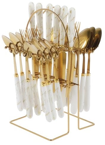 Cutlery Set with Holder 24 Pieces Tableware Silverware Set Stainless Steel Flatware Set Service for 6 People Forks Knives and Spoons Set Gold Mirror Polished and Dishwasher Safe for Home Restaurant