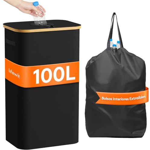 Lifewit Cubo de Reciclaje 100 L Portátil, Contenedor para Botellas de Vidrio y Plástico, Gran Papelera de Bambú para Reciclaje Selectivo, Negro