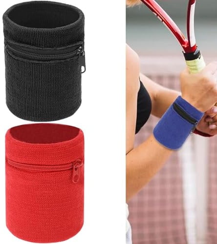 Handgelenktasche mit Reißverschluss zum Laufen, zwei Kombinationen, Geldbörse, Armband, Tasche, Handgelenk, Sport, absorbiert Schweißband, Handgelenk-Schweißband für Sport, Schwarz, Rot,