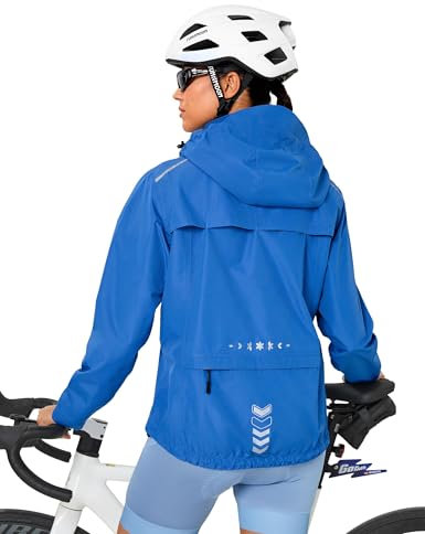 FitsT4 Sports Veste de pluie légère et imperméable pour femme - Coupe-vent - Réfléchissante - Avec capuche, bleu, Large