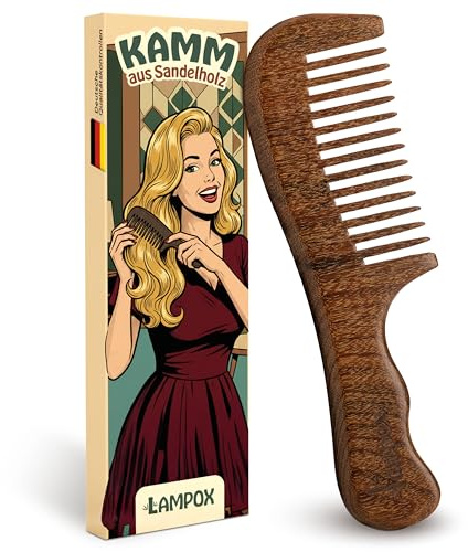 lampox Kamm aus Sandelholz, mittlere Zahnung, antistatische Holzbürste, Holzlockenkamm, Haarkamm, für nasses oder lockiges Haar, natürliche Holz-Kamm, sanft & pflegend