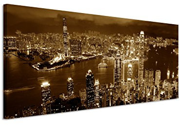 Paul Sinus Art 150x50cm Wandbild Panorama Fotoleinwand Bild in Sepia Hong Kong bei Nacht