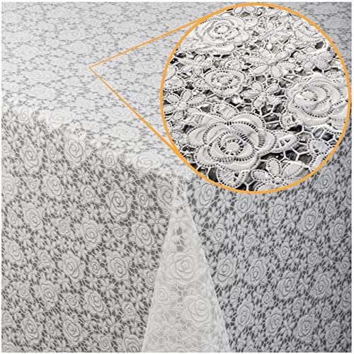 ANRO Tischdecke Lace Vinyl Wachstuch Häkel Spitze Optik Wasserfest Rosen Anthrazit Rosen Weiß 100x138cm