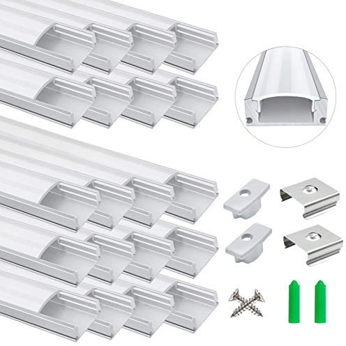 LightingWill 20-Pack LED Aluminum Profile, 3.3ft/1Meter LED Strip Channel Silver U-Shape LED Diffuser with Milky White Cover, End Caps and Mounting Clips for LED Strip Light
