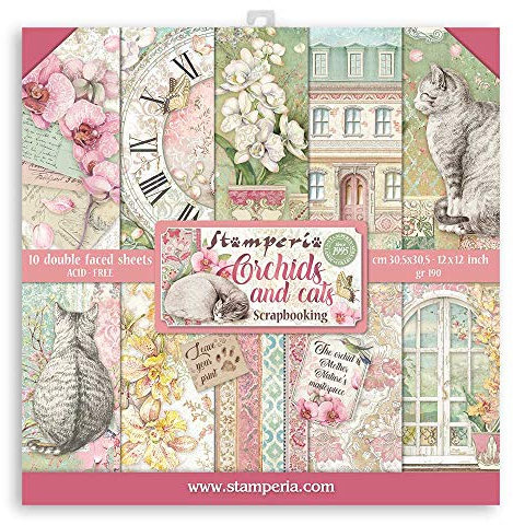 STAMPERIA INTERNATIONAL, KFT SBBL81 Scrapbooking Block 10 Blätter cm 30,5x30,5 Orchideen und Katzen, 30.5cmX30.5cm, Verschieden
