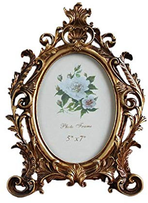 Fenteer Vintage Bilderrahmen Harz Golden Verzierten Strukturierte Oval Desktop Foto Rahmen Schmuck Display Rahmen Freistehende Foto Halter mit Klar Glas, 7 Zoll