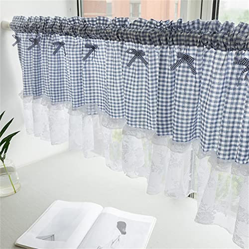 TROYSINC Scheibengardine, Landhausstil Kurzstore, Bistrogardine mit Spitzenkante, Leinen Kariert Schiebevorhang, Blickdicht Kurzstores Gardinen, 1 Stück (Blau,106 x 45 cm)
