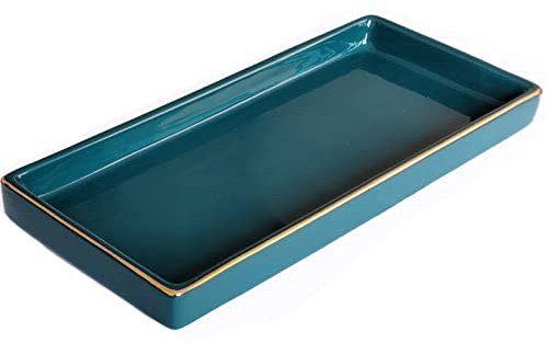 10 x 5 Ceramic Bathroom Tray for Countertop, Decorative Vanity Tray for Dresser Tops, Small Rectangular Trays for Perfume, Candle, Jewelry, Cosmetics (Green)